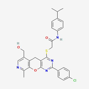 molecular formula C29H27ClN4O3S B2964576 2-((2-(4-chlorophenyl)-6-(hydroxymethyl)-9-methyl-5H-pyrido[4',3':5,6]pyrano[2,3-d]pyrimidin-4-yl)thio)-N-(4-isopropylphenyl)acetamide CAS No. 892386-62-8