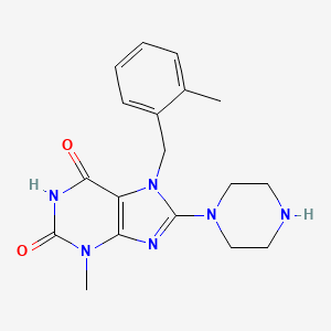 molecular formula C18H22N6O2 B2964602 3-methyl-7-(2-methylbenzyl)-8-(piperazin-1-yl)-1H-purine-2,6(3H,7H)-dione CAS No. 878441-33-9