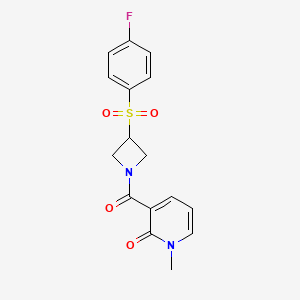 molecular formula C16H15FN2O4S B2964641 3-(3-((4-fluorophenyl)sulfonyl)azetidine-1-carbonyl)-1-methylpyridin-2(1H)-one CAS No. 1797838-98-2