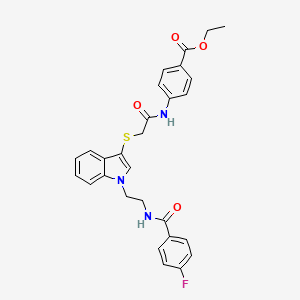 molecular formula C28H26FN3O4S B2964642 4-[[2-[1-[2-[(4-氟苯甲酰)氨基]乙基]吲哚-3-基]硫代乙酰]氨基]苯甲酸乙酯 CAS No. 443333-27-5