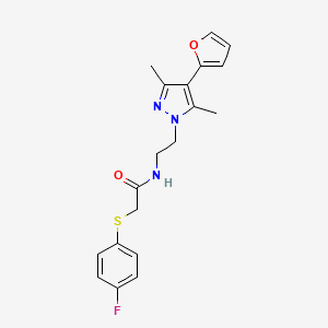 molecular formula C19H20FN3O2S B2964674 2-((4-氟苯基)硫代)-N-(2-(4-(呋喃-2-基)-3,5-二甲基-1H-吡唑-1-基)乙基)乙酰胺 CAS No. 2034328-48-6