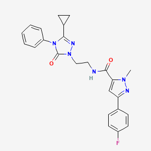 molecular formula C24H23FN6O2 B2964687 N-(2-(3-cyclopropyl-5-oxo-4-phenyl-4,5-dihydro-1H-1,2,4-triazol-1-yl)ethyl)-3-(4-fluorophenyl)-1-methyl-1H-pyrazole-5-carboxamide CAS No. 1396758-54-5