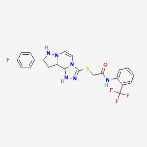molecular formula C22H14F4N6OS B2964706 2-{[11-(4-氟苯基)-3,4,6,9,10-五氮杂三环[7.3.0.0^{2,6}]十二-1(12),2,4,7,10-戊烯-5-基]硫烷基}-N-[2-(三氟甲基)苯基]乙酰胺 CAS No. 1207033-84-8