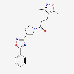 molecular formula C20H22N4O3 B2964743 3-(3,5-Dimethylisoxazol-4-yl)-1-(3-(5-phenyl-1,2,4-oxadiazol-3-yl)pyrrolidin-1-yl)propan-1-one CAS No. 2034322-81-9