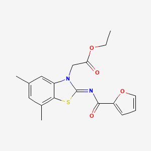 molecular formula C18H18N2O4S B2964752 Ethyl 2-[2-(furan-2-carbonylimino)-5,7-dimethyl-1,3-benzothiazol-3-yl]acetate CAS No. 1321930-29-3