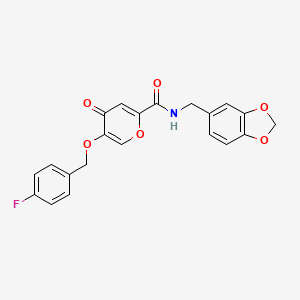 molecular formula C21H16FNO6 B2964756 N-(benzo[d][1,3]dioxol-5-ylmethyl)-5-((4-fluorobenzyl)oxy)-4-oxo-4H-pyran-2-carboxamide CAS No. 1021134-69-9