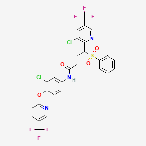 molecular formula C28H19Cl2F6N3O4S B2964810 4-(benzenesulfonyl)-4-[3-chloro-5-(trifluoromethyl)pyridin-2-yl]-N-[3-chloro-4-[5-(trifluoromethyl)pyridin-2-yl]oxyphenyl]butanamide CAS No. 338407-43-5