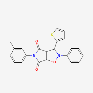 molecular formula C22H18N2O3S B2964866 2-Phenyl-3-thiophen-2-yl-5-m-tolyl-tetrahydro-pyrrolo[3,4-d]isoxazole-4,6-dione CAS No. 1005060-18-3