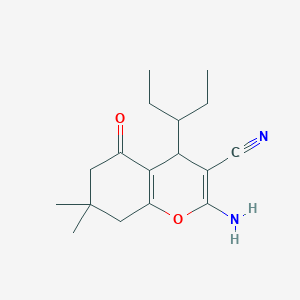molecular formula C17H24N2O2 B2964873 2-amino-7,7-dimethyl-5-oxo-4-(pentan-3-yl)-5,6,7,8-tetrahydro-4H-chromene-3-carbonitrile CAS No. 332052-08-1
