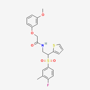molecular formula C22H22FNO5S2 B2964884 N-(2-((4-fluoro-3-methylphenyl)sulfonyl)-2-(thiophen-2-yl)ethyl)-2-(3-methoxyphenoxy)acetamide CAS No. 946348-97-6