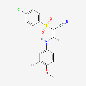 molecular formula C16H12Cl2N2O3S B2964888 (Z)-3-((3-chloro-4-methoxyphenyl)amino)-2-((4-chlorophenyl)sulfonyl)acrylonitrile CAS No. 885187-99-5