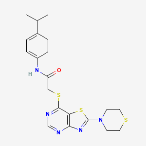 molecular formula C20H23N5OS3 B2964904 N-(4-isopropylphenyl)-2-((2-thiomorpholinothiazolo[4,5-d]pyrimidin-7-yl)thio)acetamide CAS No. 1189921-03-6
