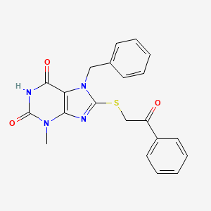 molecular formula C21H18N4O3S B2965007 7-benzyl-3-methyl-8-((2-oxo-2-phenylethyl)thio)-1H-purine-2,6(3H,7H)-dione CAS No. 301354-23-4