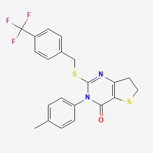 molecular formula C21H17F3N2OS2 B2965058 3-(4-Methylphenyl)-2-[[4-(trifluoromethyl)phenyl]methylsulfanyl]-6,7-dihydrothieno[3,2-d]pyrimidin-4-one CAS No. 686771-79-9