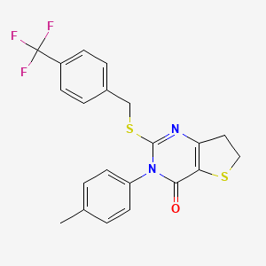 molecular formula C21H17F3N2OS2 B2965058 3-(4-methylphenyl)-2-({[4-(trifluoromethyl)phenyl]methyl}sulfanyl)-3H,4H,6H,7H-thieno[3,2-d]pyrimidin-4-one CAS No. 686771-79-9