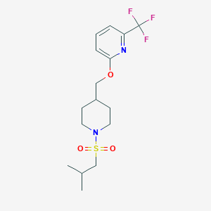 molecular formula C16H23F3N2O3S B2965083 2-[[1-(2-Methylpropylsulfonyl)piperidin-4-yl]methoxy]-6-(trifluoromethyl)pyridine CAS No. 2379993-27-6