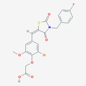molecular formula C20H15BrFNO6S B296510 (2-Bromo-4-{[3-(4-fluorobenzyl)-2,4-dioxo-1,3-thiazolidin-5-ylidene]methyl}-6-methoxyphenoxy)acetic acid 