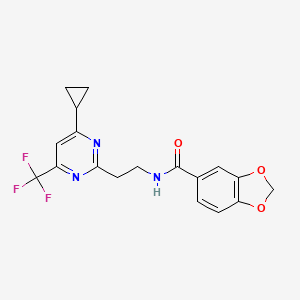 molecular formula C18H16F3N3O3 B2965101 N-(2-(4-cyclopropyl-6-(trifluoromethyl)pyrimidin-2-yl)ethyl)benzo[d][1,3]dioxole-5-carboxamide CAS No. 1396813-85-6