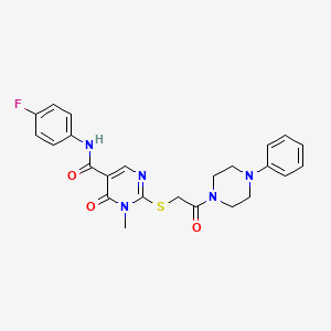 molecular formula C24H24FN5O3S B2965146 N-(4-fluorophenyl)-1-methyl-6-oxo-2-((2-oxo-2-(4-phenylpiperazin-1-yl)ethyl)thio)-1,6-dihydropyrimidine-5-carboxamide CAS No. 894030-32-1