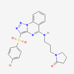 molecular formula C22H21BrN6O3S B2965209 1-(3-{[3-(4-BROMOBENZENESULFONYL)-[1,2,3]TRIAZOLO[1,5-A]QUINAZOLIN-5-YL]AMINO}PROPYL)PYRROLIDIN-2-ONE CAS No. 895649-07-7