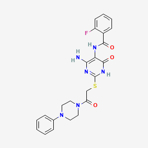 molecular formula C23H23FN6O3S B2965212 N-(4-氨基-6-氧代-2-((2-氧代-2-(4-苯基哌嗪-1-基)乙基)硫代)-1,6-二氢嘧啶-5-基)-2-氟苯甲酰胺 CAS No. 872597-21-2