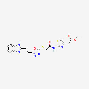 molecular formula C20H20N6O4S2 B2965234 2-(2-(2-((5-(2-(1H-苯并[d]咪唑-2-基)乙基)-1,3,4-恶二唑-2-基)硫代)乙酰氨基)噻唑-4-基)乙酸乙酯 CAS No. 1327241-05-3