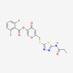 molecular formula C18H13F2N3O5S2 B2965275 4-oxo-6-(((5-propionamido-1,3,4-thiadiazol-2-yl)thio)methyl)-4H-pyran-3-yl 2,6-difluorobenzoate CAS No. 896018-68-1