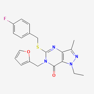 molecular formula C20H19FN4O2S B2965287 1-ethyl-5-((4-fluorobenzyl)thio)-6-(furan-2-ylmethyl)-3-methyl-1H-pyrazolo[4,3-d]pyrimidin-7(6H)-one CAS No. 1359132-39-0