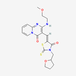 molecular formula C20H22N4O4S2 B2965300 (Z)-5-((2-((2-methoxyethyl)amino)-4-oxo-4H-pyrido[1,2-a]pyrimidin-3-yl)methylene)-3-((tetrahydrofuran-2-yl)methyl)-2-thioxothiazolidin-4-one CAS No. 381681-80-7