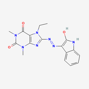 molecular formula C17H17N7O3 B2965352 (Z)-7-ethyl-1,3-dimethyl-8-(2-(2-oxoindolin-3-ylidene)hydrazinyl)-1H-purine-2,6(3H,7H)-dione CAS No. 374921-29-6