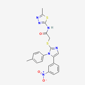 molecular formula C21H18N6O3S2 B2965362 N-(5-methyl-1,3,4-thiadiazol-2-yl)-2-((5-(3-nitrophenyl)-1-(p-tolyl)-1H-imidazol-2-yl)thio)acetamide CAS No. 1234817-77-6