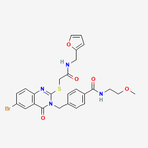 molecular formula C26H25BrN4O5S B2965387 4-[[6-溴-2-[2-(呋喃-2-基甲基氨基)-2-氧代乙基]硫代-4-氧代喹唑啉-3-基]甲基]-N-(2-甲氧基乙基)苯甲酰胺 CAS No. 422288-59-3