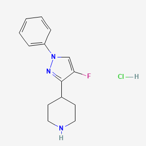 molecular formula C14H17ClFN3 B2965460 4-(4-Fluoro-1-phenylpyrazol-3-yl)piperidine;hydrochloride CAS No. 2377030-69-6