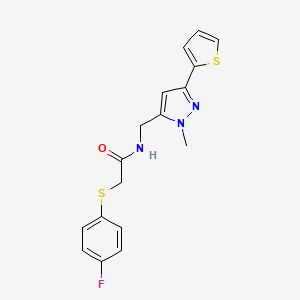2-(4-Fluorophenyl)sulfanyl-N-[(2-methyl-5-thiophen-2-ylpyrazol-3-yl)methyl]acetamide