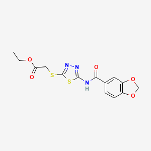 molecular formula C14H13N3O5S2 B2965548 Ethyl 2-[[5-(1,3-benzodioxole-5-carbonylamino)-1,3,4-thiadiazol-2-yl]sulfanyl]acetate CAS No. 476465-09-5