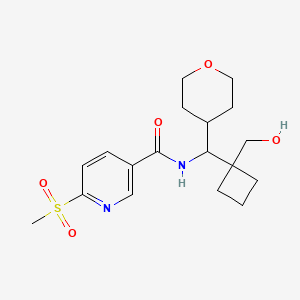 molecular formula C18H26N2O5S B2965589 N-[[1-(Hydroxymethyl)cyclobutyl]-(oxan-4-yl)methyl]-6-methylsulfonylpyridine-3-carboxamide CAS No. 2411244-92-1