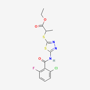 molecular formula C14H13ClFN3O3S2 B2965597 Ethyl 2-((5-(2-chloro-6-fluorobenzamido)-1,3,4-thiadiazol-2-yl)thio)propanoate CAS No. 391874-91-2