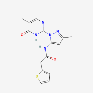molecular formula C17H19N5O2S B2965648 N-(1-(5-ethyl-4-methyl-6-oxo-1,6-dihydropyrimidin-2-yl)-3-methyl-1H-pyrazol-5-yl)-2-(thiophen-2-yl)acetamide CAS No. 1003798-89-7