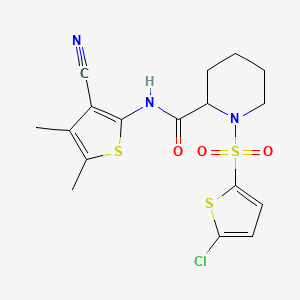 molecular formula C17H18ClN3O3S3 B2965672 1-((5-chlorothiophen-2-yl)sulfonyl)-N-(3-cyano-4,5-dimethylthiophen-2-yl)piperidine-2-carboxamide CAS No. 1049866-60-5