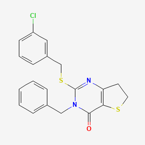 molecular formula C20H17ClN2OS2 B2965701 3-Benzyl-2-[(3-chlorophenyl)methylsulfanyl]-6,7-dihydrothieno[3,2-d]pyrimidin-4-one CAS No. 877619-02-8