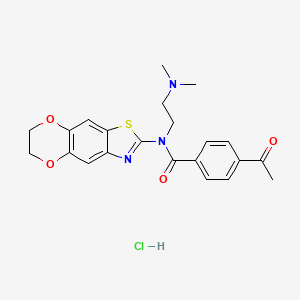 molecular formula C22H24ClN3O4S B2965775 4-acetyl-N-(6,7-dihydro-[1,4]dioxino[2',3':4,5]benzo[1,2-d]thiazol-2-yl)-N-(2-(dimethylamino)ethyl)benzamide hydrochloride CAS No. 1216910-58-5