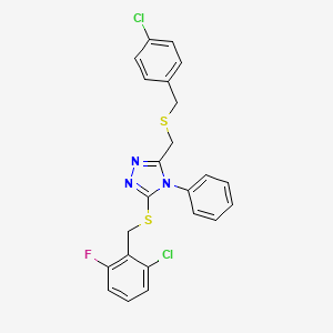 molecular formula C23H18Cl2FN3S2 B2965849 3-(((4-Chlorobenzyl)sulfanyl)methyl)-5-((2-chloro-6-fluorobenzyl)sulfanyl)-4-phenyl-4H-1,2,4-triazole CAS No. 344269-58-5