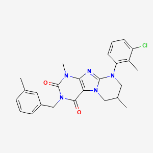 molecular formula C25H26ClN5O2 B2966027 9-(3-chloro-2-methylphenyl)-1,7-dimethyl-3-(3-methylbenzyl)-6,7,8,9-tetrahydropyrimido[2,1-f]purine-2,4(1H,3H)-dione CAS No. 877617-71-5