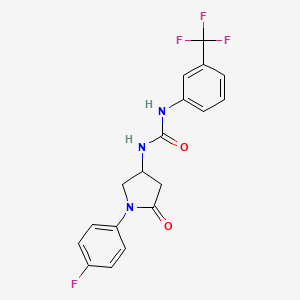 molecular formula C18H15F4N3O2 B2966046 1-(1-(4-Fluorophenyl)-5-oxopyrrolidin-3-yl)-3-(3-(trifluoromethyl)phenyl)urea CAS No. 891106-86-8