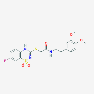 molecular formula C19H20FN3O5S2 B2966048 N-(3,4-二甲氧基苯乙基)-2-((7-氟-1,1-二氧化-4H-苯并[e][1,2,4]噻二嗪-3-基)硫代)乙酰胺 CAS No. 899976-88-6