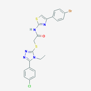 molecular formula C21H17BrClN5OS2 B296607 N-[4-(4-bromophenyl)-1,3-thiazol-2-yl]-2-{[5-(4-chlorophenyl)-4-ethyl-4H-1,2,4-triazol-3-yl]sulfanyl}acetamide 