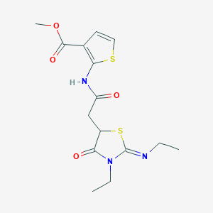 B2966094 (E)-methyl 2-(2-(3-ethyl-2-(ethylimino)-4-oxothiazolidin-5-yl)acetamido)thiophene-3-carboxylate CAS No. 881484-73-7