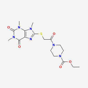 molecular formula C17H24N6O5S B2966106 4-(2-((1,3,9-三甲基-2,6-二氧代-2,3,6,9-四氢-1H-嘌呤-8-基)硫代)乙酰)哌嗪-1-羧酸乙酯 CAS No. 897453-74-6
