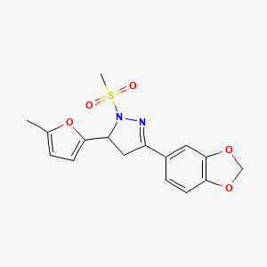 molecular formula C16H16N2O5S B2966112 3-(benzo[d][1,3]dioxol-5-yl)-5-(5-methylfuran-2-yl)-1-(methylsulfonyl)-4,5-dihydro-1H-pyrazole CAS No. 949876-66-8