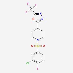 molecular formula C14H12ClF4N3O3S B2966113 2-(1-((3-Chloro-4-fluorophenyl)sulfonyl)piperidin-4-yl)-5-(trifluoromethyl)-1,3,4-oxadiazole CAS No. 1705255-88-4